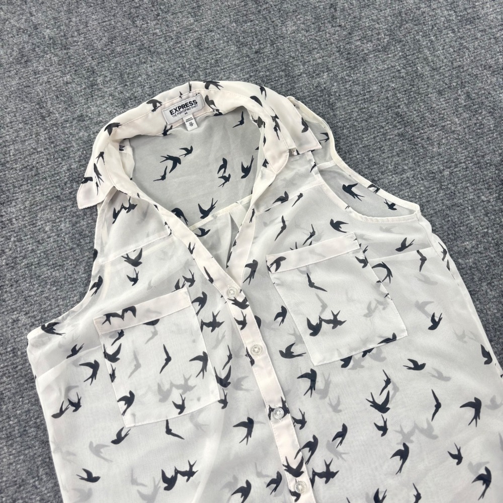 Express Portofino Shirt XS White Bird Print Sleeveless Button Up Women